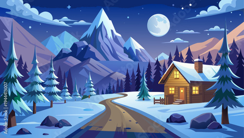 Winter landscape with cabin and mountains