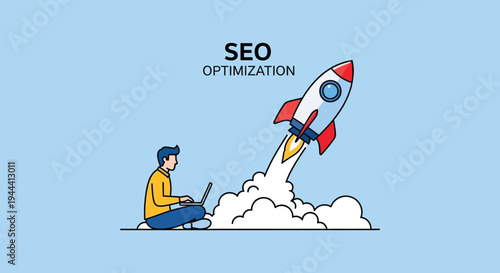 A person utilizes a laptop as a rocket launches symbolizing seo optimization and digital growth silhouette high quality professional detailed modern