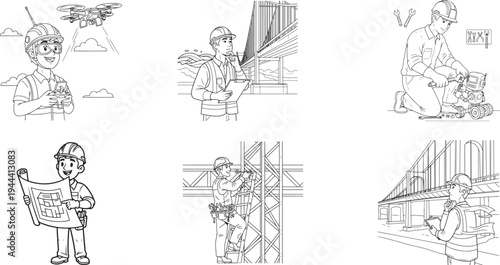 Engineer illustrations various scenes of engineers at work and industrial settings