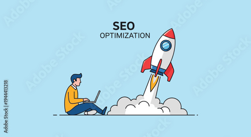 A person uses a laptop while a rocket launches representing seo optimization and growth silhouette high quality professional detailed modern elegant