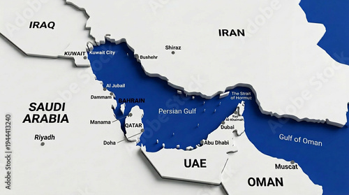 Fotografia Detailed Persian Gulf and Strait of Hormuz Geopolitical 3d Map in White Backgrou