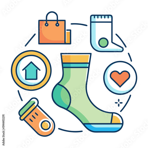 Sock collection illustration with shopping and home icons