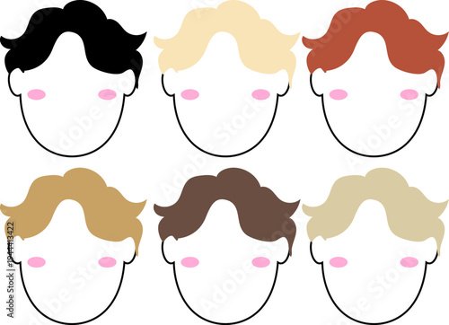 Hand‑drawn male heads in a minimalist and cartoon style with different hair colors: black, platinum blonde, red, golden blonde, dark brown, and ash blonde.
