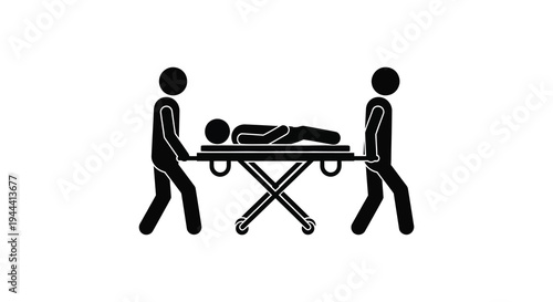 Two figures carry a patient on a stretcher showcasing a minimalist black graphic silhouette high quality professional detailed modern elegant stylish