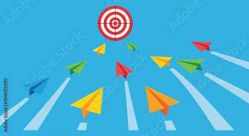 Colorful paper airplanes fly towards a red target against a bright blue background creating a dynamic silhouette high quality professional detailed