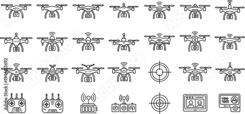 Drone technology line icons, aerial photography symbols, remote control UAV elements, minimal outline vector set, modern flying device collection