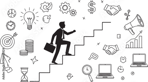 Success career growth businessman climbing stairs with business icons for creative strategy professional development and corporate planning hand drawn vector illustration doodle art