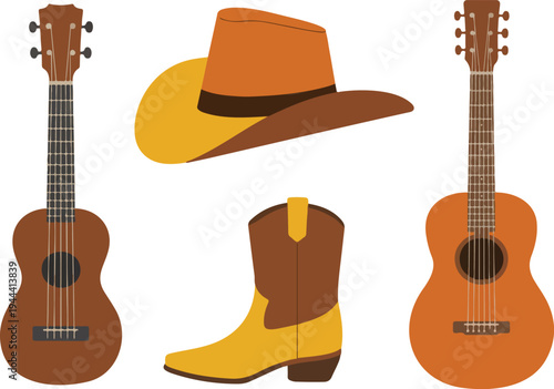 Country music festival elements including cowboy hat, boots, guitar, and western accessories vector illustration for EPS design