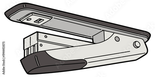 Metal stapler with one staple and open office supplies desk accessory