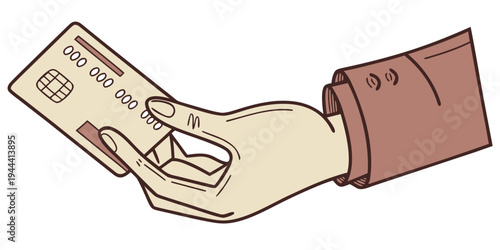 Hand holding beige credit card with brown sleeve beige card holding card