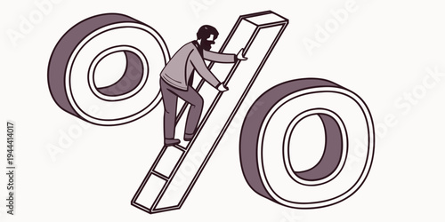 Man climbing percent sign on white background business finance growth