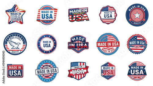Made in USA Labels Vector Set: Patriotic American Badges, Stickers, Seals & Icons for Product Branding, Quality Certification, Independence Day Designs