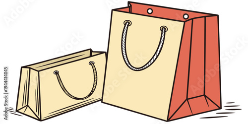 Two paper shopping bags with rope handles on a white background paper bags brown and red