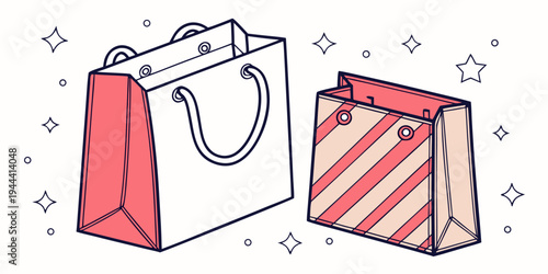 Two shopping bags with handles and decorative stars around them paper bags red and white