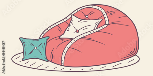 Red bean bag chair with white and blue pillows on a white mat cozy seating home decor