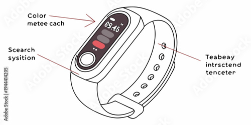 Smartwatch with labeled components on white background fitness tracker wearable device