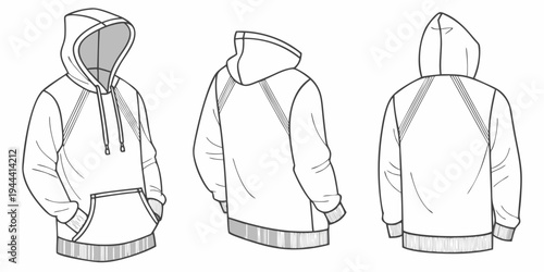 Three views of white hoodie with gray accents front
