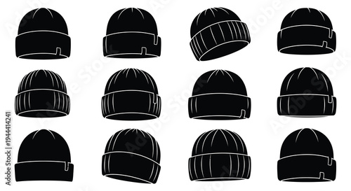 A collection of various black beanies displayed in a grid pattern showcasing different styles and designs silhouette high quality professional detailed