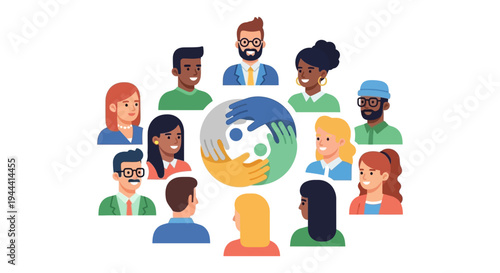 Inclusive Global Teamwork: Diverse Avatars with Collaborative Hands Icon