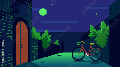 Bike parked in alley at night illustration