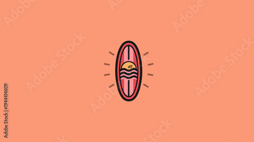 Simplified illustration of a surfboard featuring a sun setting over the ocean, surrounded by rays