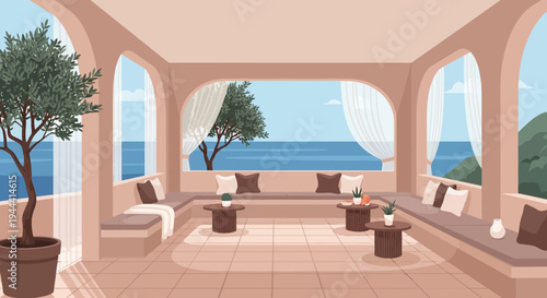 Coastal Villa Terrace with Sea View and Olive Tree