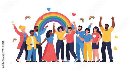 Diverse and Inclusive Group Celebrating Love, Pride, and Equality with a Vibrant Rainbow. Happy Community Embracing Unity and Human Rights.
