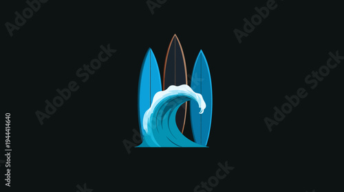 Illustration of a wave breaking with surfboards in the background on a black backdrop