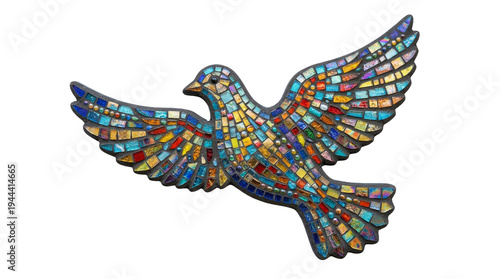 Elegant horizontal flying dove icon featuring colorful stained glass textures for Palm Sunday religious symbols and Christian church holiday graphics on a transparent background.