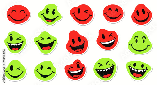 Collection of Red and Green Wavy Smiley Face Emoticons Stickers