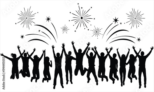 A group of people jumping in the air with fireworks exploding above them in celebration