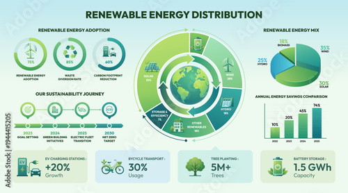 Renewable Energy Distribution and Sustainability Progress Infographic