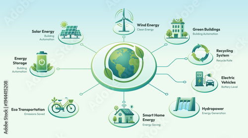 Green Energy Ecosystem Diagram with Sustainable Technology Icons