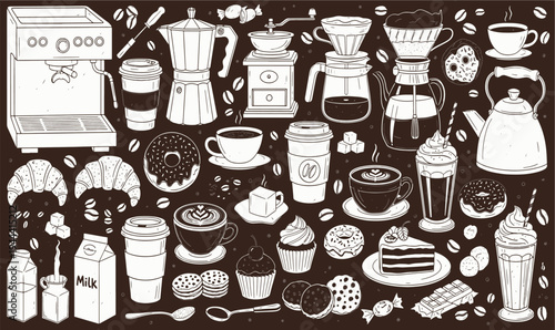 Large collection of coffee shop items with cafe drinks desserts espresso machines and sweet bakery treats hand drawn vector illustration doodle art