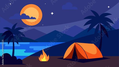 Camping night scene with tent and bonfire