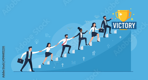 Business professionals collaboratively ascend stairs toward a golden trophy symbolizing success and teamwork a striking silhouette high quality professional detailed modern