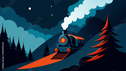 Train steaming through the mountain night