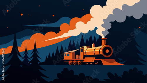 Locomotive train in a forest at nightfall