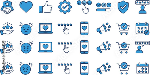 Customer Feedback and Satisfaction Icon Set with Reviews, Ratings, Emotions, Megaphone Announcement, Online Shopping Cart, Calendar Reviews and Service Quality Symbols