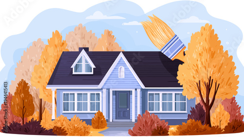 House painting with autumn colors, a brush paints the sky over a blue suburban home