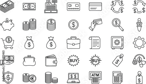 Financial transaction line icons, payment banking money symbols, digital finance outline vector set, investment commerce business collection illustration