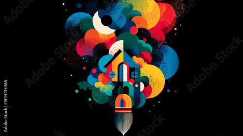 Colorful house design with brush, set against black, featuring dots and circles