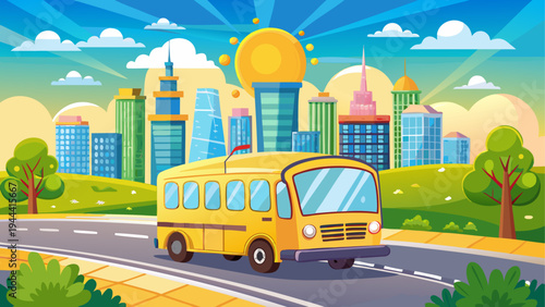 Cartoon yellow bus driving in the city road