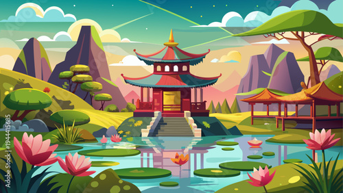 Pagoda and pond with lilies in landscape