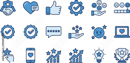 Customer Satisfaction and Feedback Icon Set with Rating Stars, Like Hand, Review Chat, Quality Badge, Growth Chart, Idea Lightbulb and Service Support Symbols