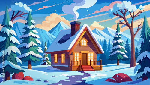 Cabin in snowy mountains winter landscape