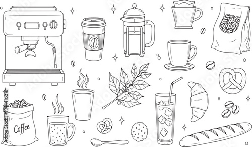 Coffee shop equipment espresso machine morning breakfast bakery pastries cafe menu icons set hand drawn vector illustration doodle art
