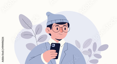 Cartoon character with glasses, beanie, and jacket, holding smartphone, surrounded by abstract leaves
