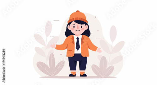 A cartoon character with dark hair, orange hat, jacket, and dark pants