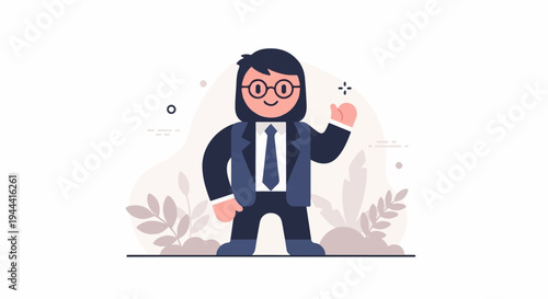 Cheerful cartoon person in a dark suit and tie, wearing glasses, gives a thumbs up